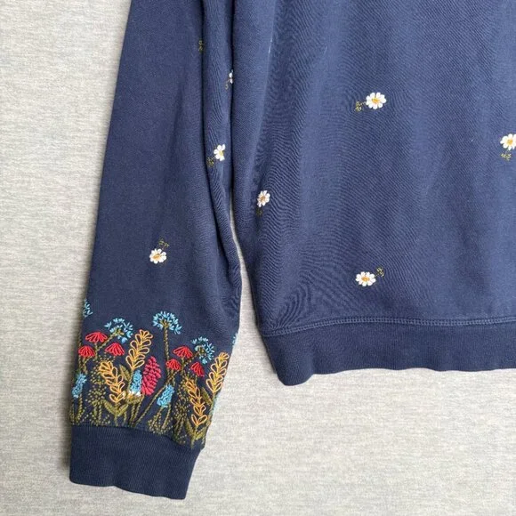 Sundance Size Large Navy Embroidered Floral Zip Hoodie Boho Cotton - Picture 2 of 8